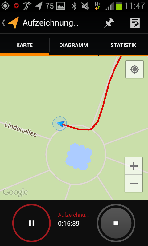 Der Screenshot zeigt die Streckenaufzeichnung bei Meine Tracks