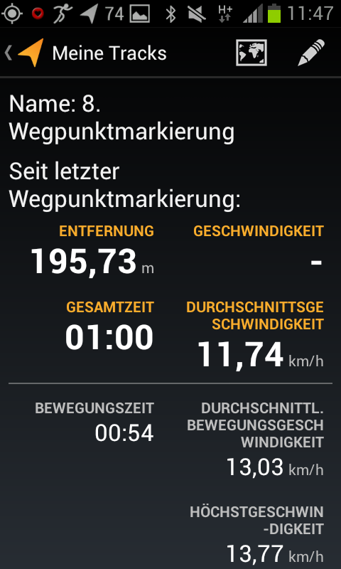 Der Screenshot zeigt die Wegpunkte bei Meine Tracks
