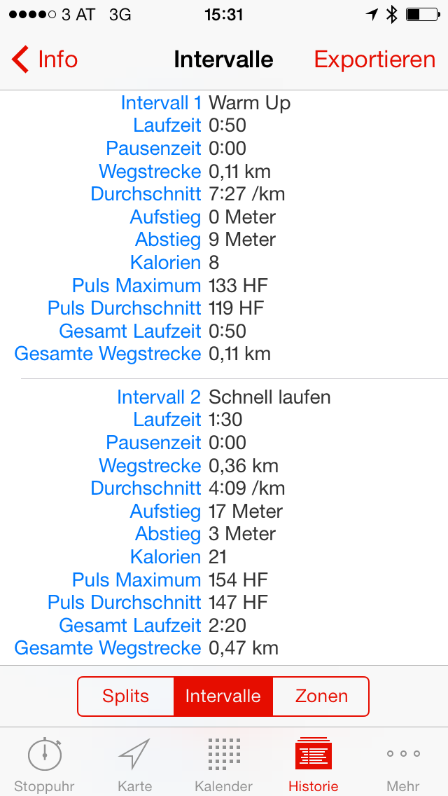 Screenshot Runmeter Statistik Intervalle