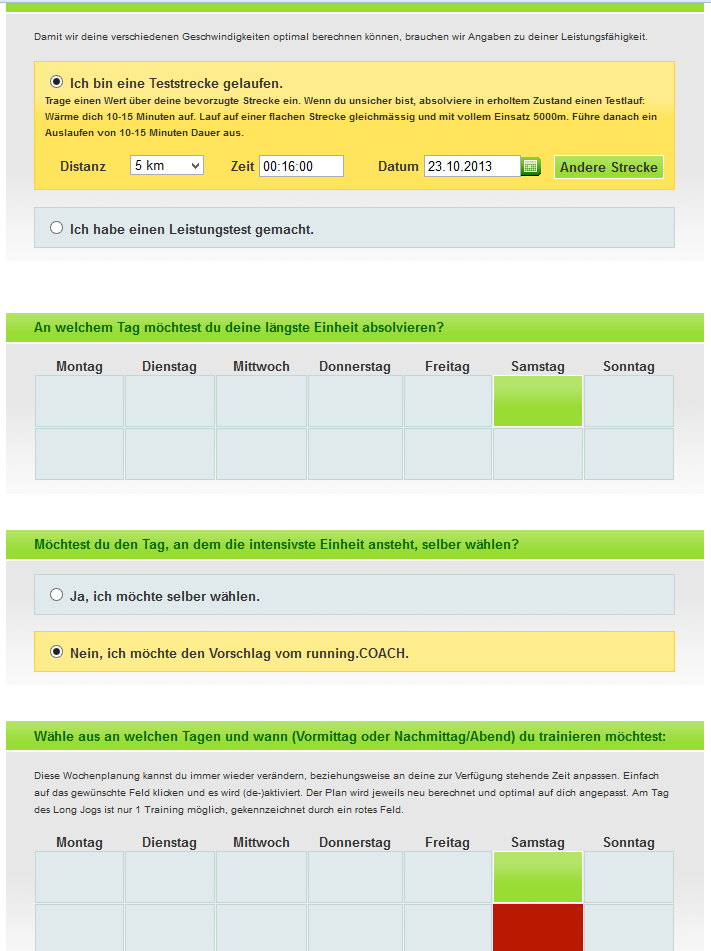 Running Coach Screenshot des Online Portals
