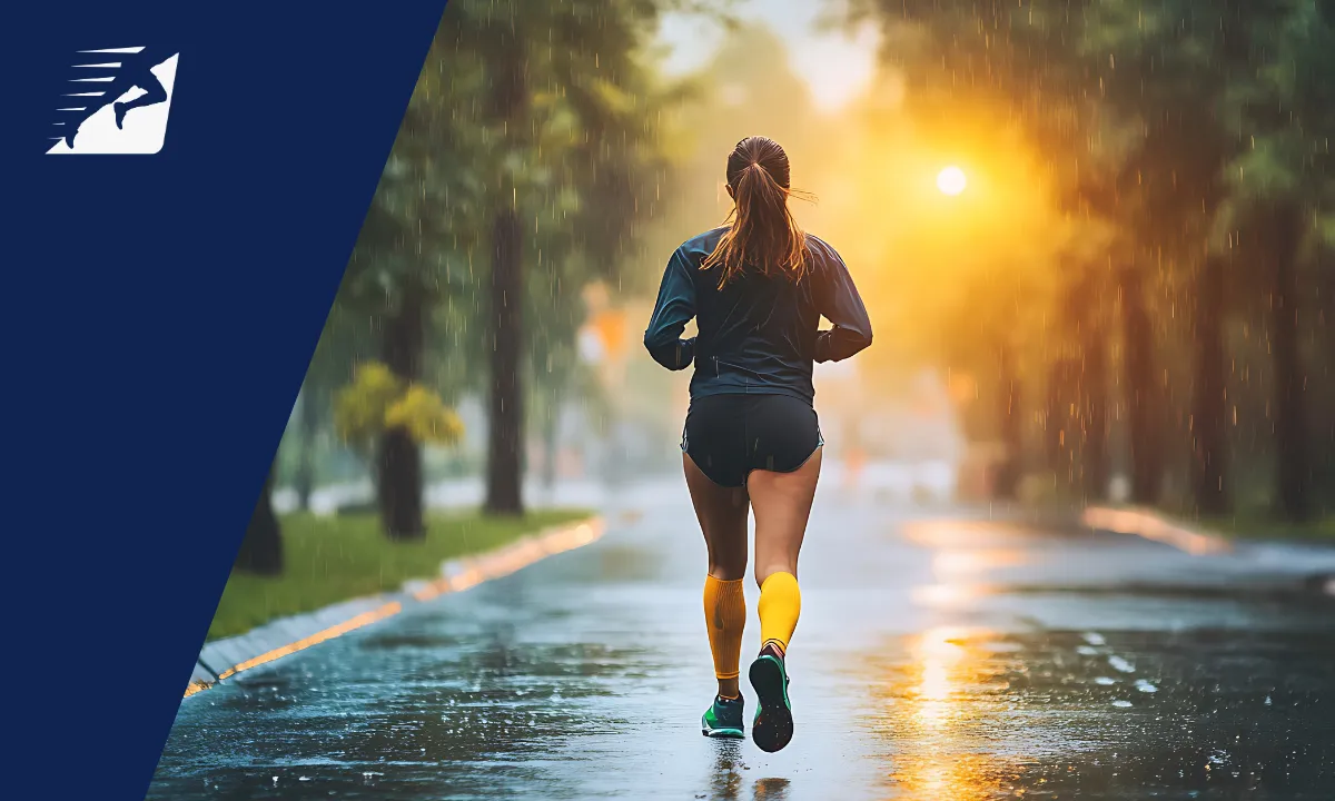 Eine Frau läuft auf einer Straße im Regen