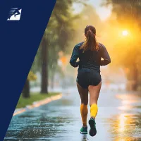 Eine Frau läuft auf einer Straße im Regen