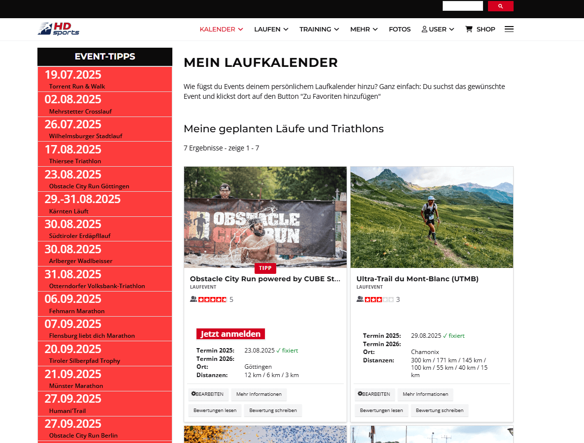 Richtig genial: Auf HDsports kannst du dir sogar deinen persönliche Laufkalender zusammenbastlen.