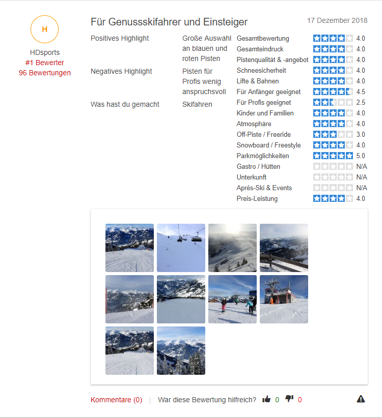 Skigebiet  Dorfgastein-Großarl  - Bewertung