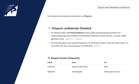 So reagiert ChatGPT, wenn man nach dem Laufkalender von HDsports fragt.
