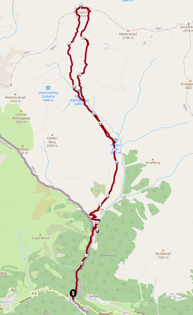 Streckenplan Skitour Hinteres Kreuzjoch