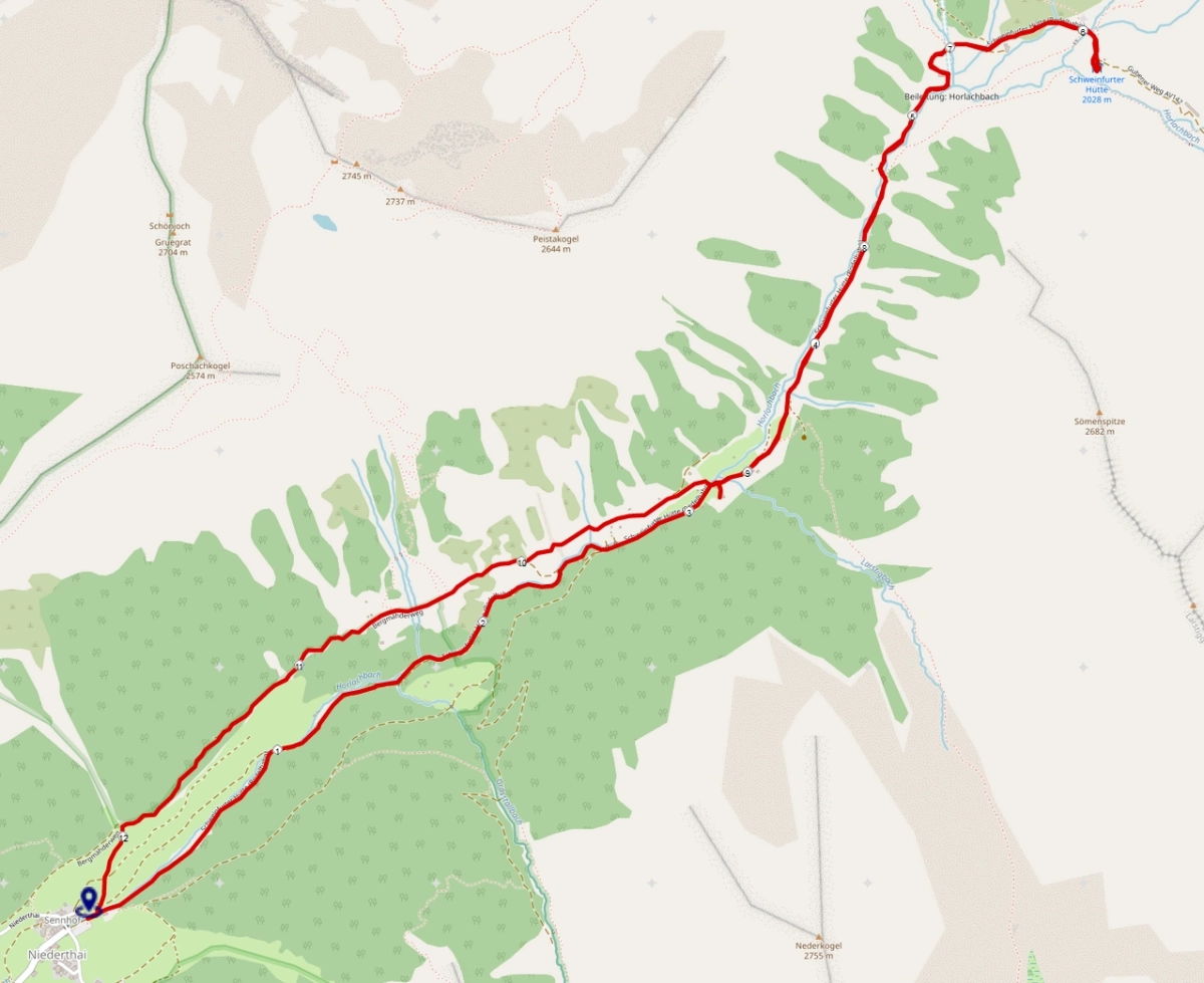 Streckenplan: Wanderung zur Schweinfurter Hütte von Niederthai