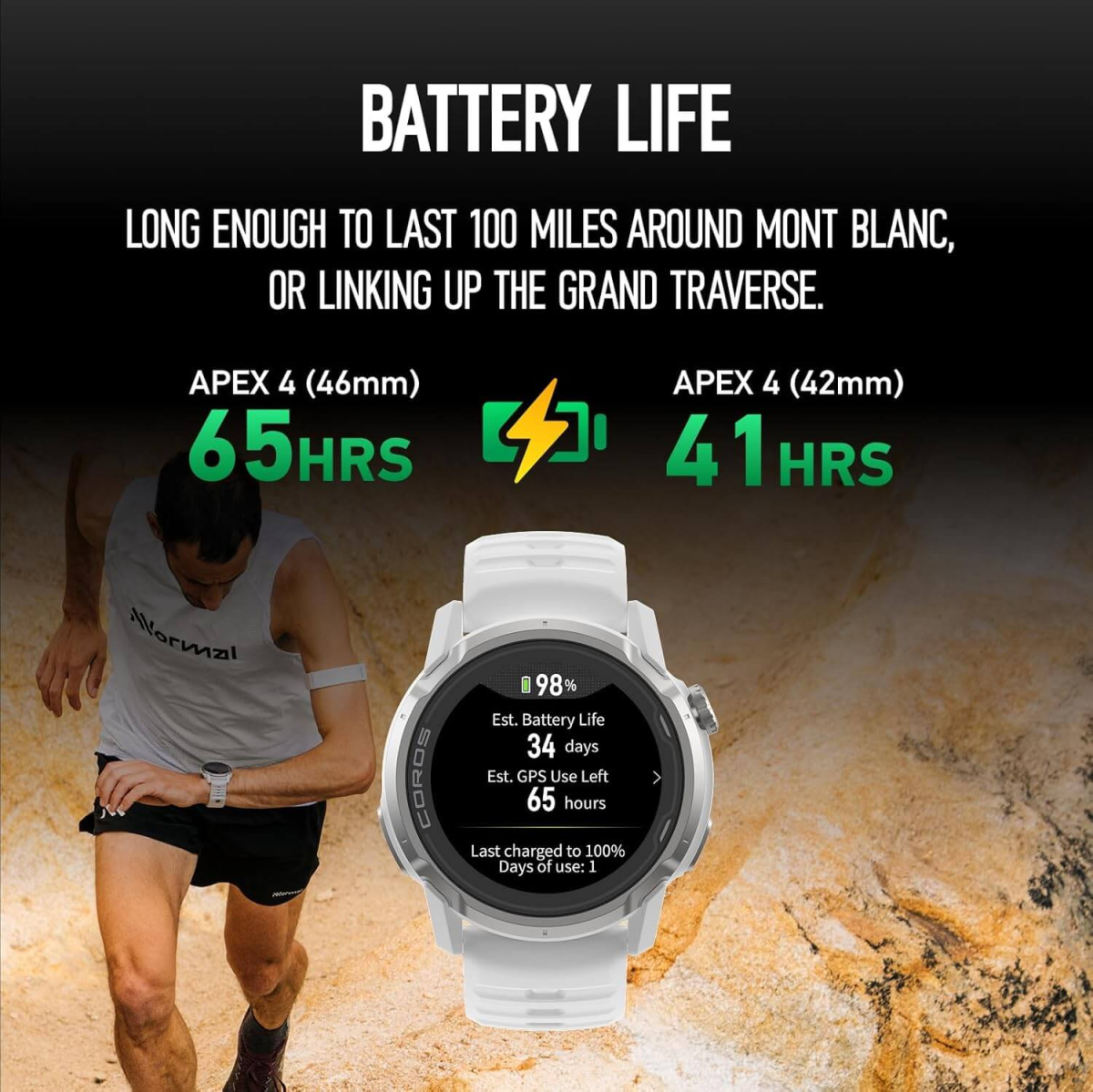 Coros Apex 4: Der Akku hält mit GPS-Nutzung bis zu 65 Stunden.