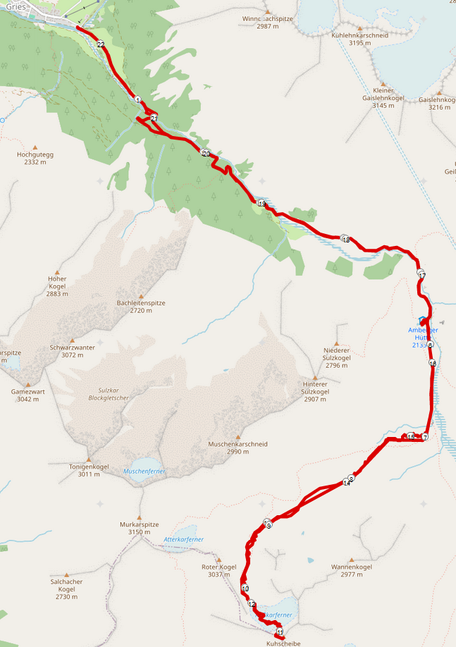 Streckenplan Skitour Kuhscheibe von Gries