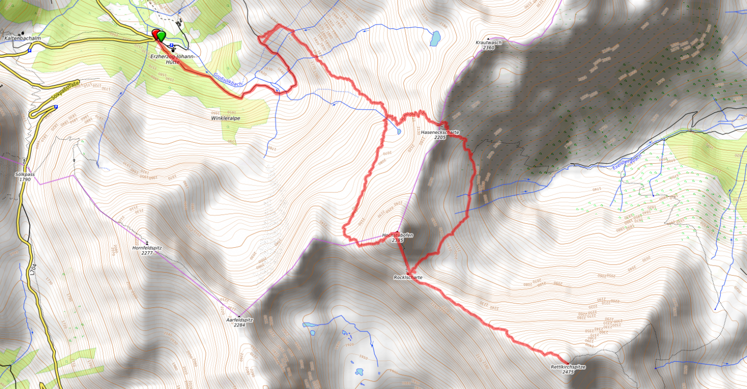 Route Rettlkirchspitze Normalweg vom Sölkpaß
