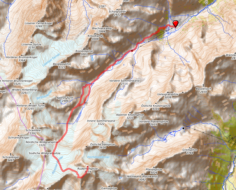 Route bzw. Strecke auf die Ruderhofspitze
