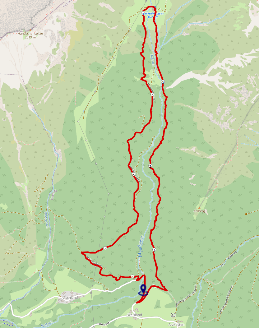 Streckenplan Marienbergalm: Wanderung von Obsteig