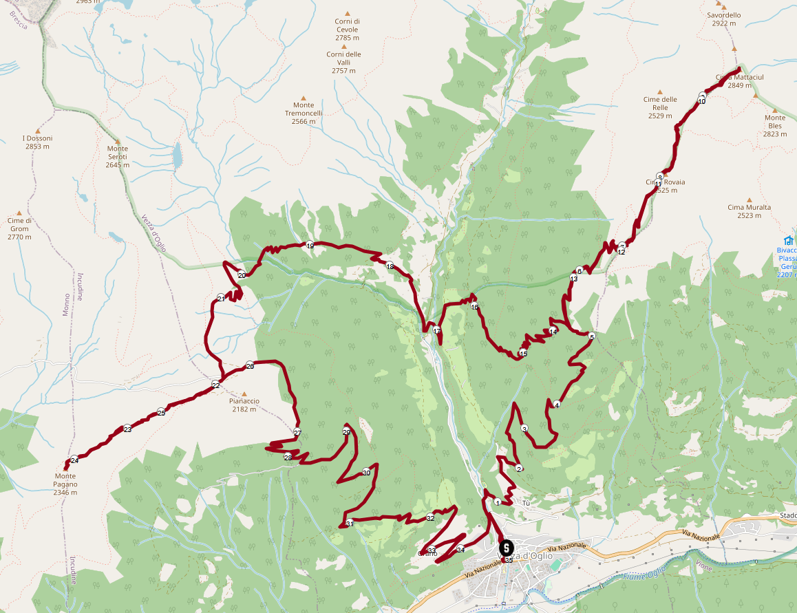 Wanderung Cima Mattaciul und Monte Pagano: Streckenplan