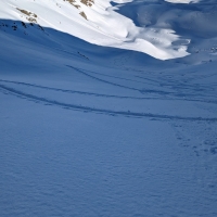 Skitour Murkarspitze 14: Blick bergab in den Steilhang. Tolles Abfahrtsgelände.