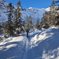 Skitour Tagweidkopf 02: Der Wanderweg AV601 E4 wird aber gleich bei einer Abbiegung nach links Richtung Nassereith verlassen, wo schlussendlich eine Skispurenroute durch den Wald Richtung Fernpassrinne führt.