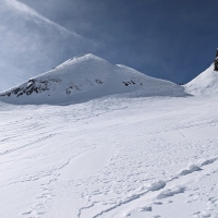 Skitour K2, Bild 26: Rechts das nördliche Joch, wo die letzten Meter am Nord-Südgrat zu Fuß zum Gipfel aufgestiegen wird. Theoreitsch kann man auch über den links sichtbaren Grat mit den Skiern aufsteigen. Wir sind dort abgefahren.